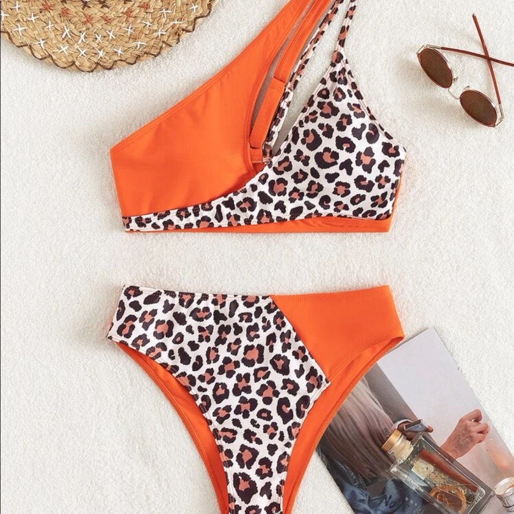 Bohemian Orange Leopard Print One Shoulder Bikini Beach S M L XL - Picture 2 of 3